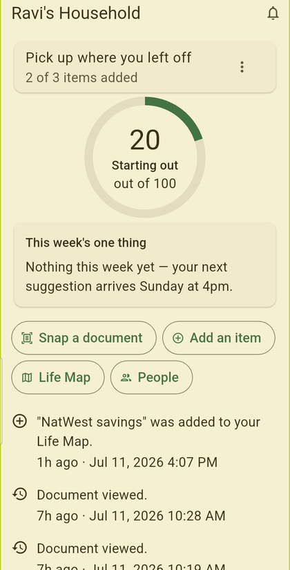 Home screen showing the Continuity Score ring, this week's one thing, quick actions and recent activity