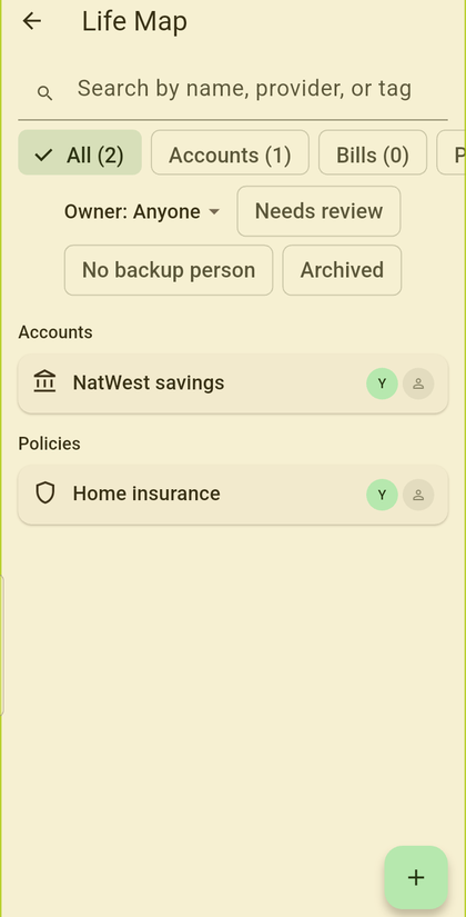 The Life Map: accounts and policies listed with owners, search and filters