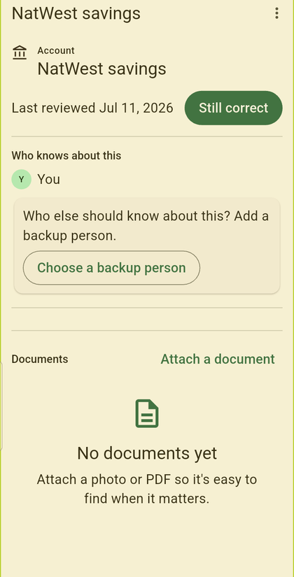 An item's detail screen showing who knows about it, a nudge to choose a backup person, and its documents